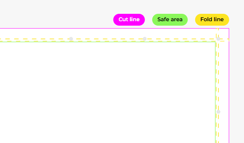 Correct banner design template showing magenta cut line at edge, green safe area border inside, and yellow dashed fold line marking additional features.