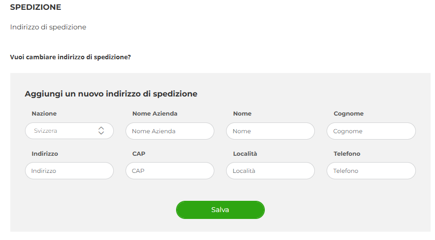 Opzioni di spedizione con modulo per aggiungere un nuovo indirizzo di spedizione con nazione, nome e contatti.