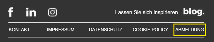 E-Mail-Footer mit Social-Media-Icons und einer Navigationsleiste mit den Links Kontakt, Impressum, Datenschutz und Cookie-Richtlinie sowie einem Abmeldung-Link, der mit einem gelben Rahmen hervorgehoben ist und angibt, wie man sich vom Newsletter abmelden kann.