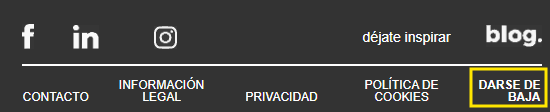 Pie de página de correo electrónico con iconos de redes sociales y enlaces de Contacto, Información legal, Privacidad, Política de cookies y Darse de baja para cancelar la suscripción a la newsletter.