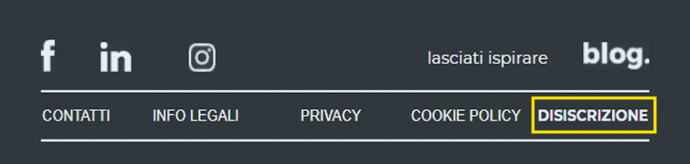 Piè di pagina dell'e-mail con icone dei social media e link Contatti, Info legali, Privacy, Cookie Policy e Disiscrizione contrassgnato in giallo per annullare l'iscrizione alla newsletter.