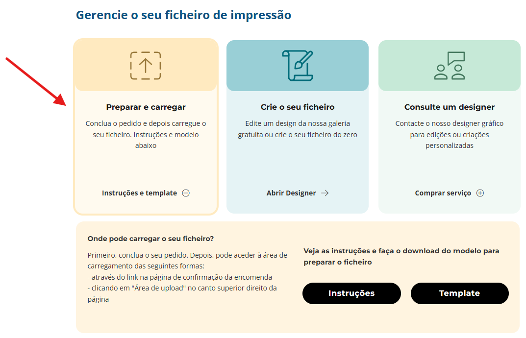Ecrã com o título "Gerencie o seu ficheiro de impressão" e três cartões de opções: Preparar e carregar, Crie o seu ficheiro e Consulte um designer, com botões para transferir as instruções e o modelo.