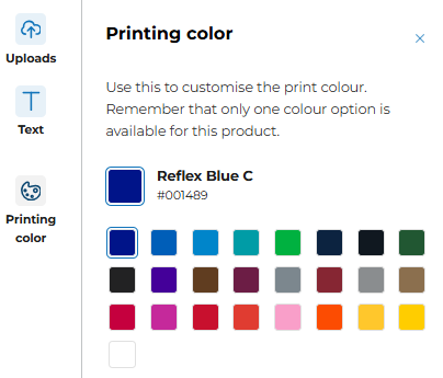 "Printing color" window for customising the print color in the online Designer, with a grid of color swatches; “Reflex Blue C” is selected, with the code #00489.
