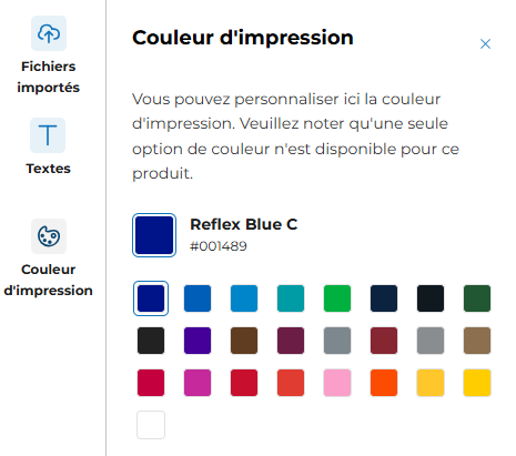 Fenêtre « Couleur d’impression » permettant de personnaliser la couleur d’impression dans le Designer en ligne, avec une grille d’échantillons de couleurs ; « Reflex Blue C » est sélectionné, avec le code #00489.