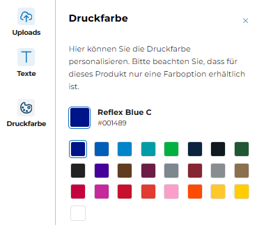 Fenster „Druckfarbe“ zur Anpassung der Druckfarbe im Online-Designer, mit einer Auswahl an Farbfeldern; ausgewählt ist „Reflex Blue C“ mit dem Code #00489.