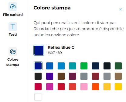 Finestra “Colore stampa” per personalizzare il colore di stampa tramite il Designer online, con una griglia di campioni colore; è selezionato “Reflex Blue C” con codice #00489.