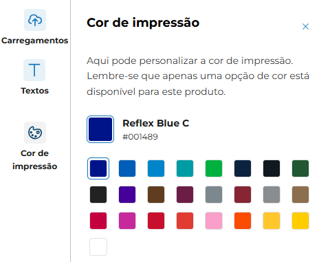 Janela «Cor de impressão» para personalizar a cor de impressão no Designer online, com uma grelha de amostras de cores; está selecionado «Reflex Blue C», com o código #00489.