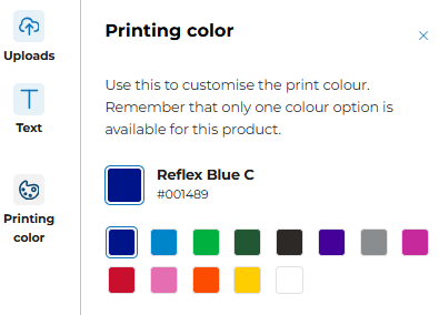 "Printing color" window for customizing the print color in the online Designer, with a grid of color swatches; “Reflex Blue C” is selected, with the code #00489.