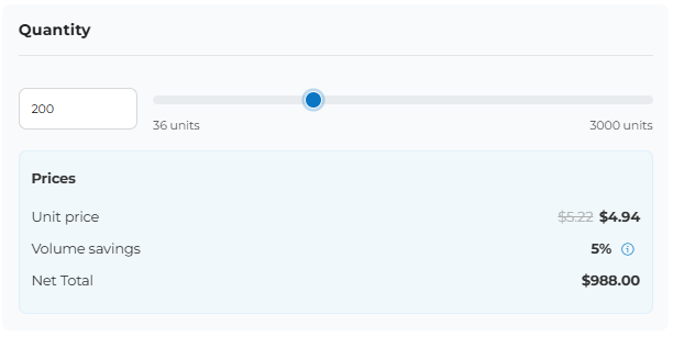 Screenshot of the ‘Quantity’ section, allowing users to select the desired number of copies, including the unit price and total net price.