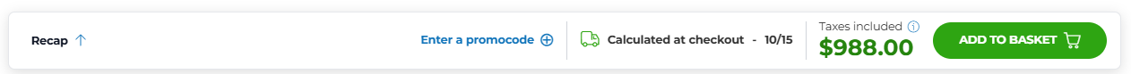 Screenshot of the bottom bar with a product summary, estimated delivery date, total amount, and a button to add the product to the cart.