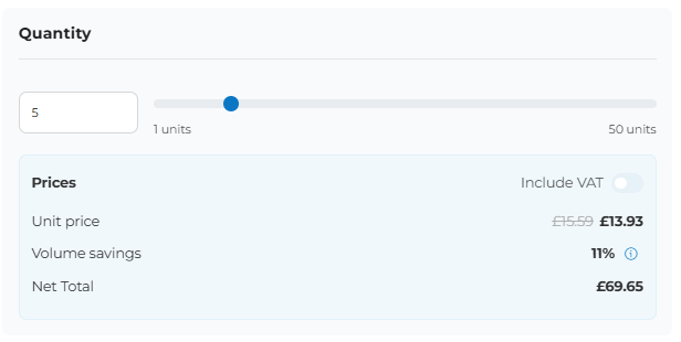 Screenshot of the ‘Quantity’ section, allowing users to select the desired number of copies, including the unit price and total net price.