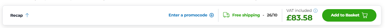 Screenshot of the bottom bar with a product summary, estimated delivery date, total amount, and a button to add the product to the cart.