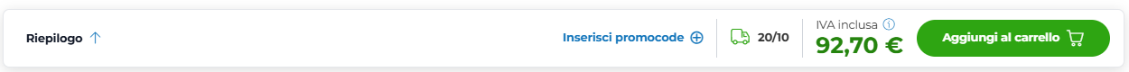 Screenshot della barra inferiore con un riepilogo del prodotto, la data di consegna stimata, l’importo totale e un pulsante per aggiungere il prodotto al carrello.