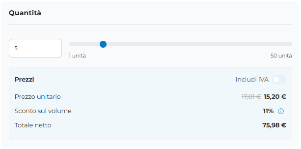 Screenshot della sezione «Quantità», che consente di selezionare il numero di copie desiderate, incluso il prezzo unitario e il prezzo netto totale.