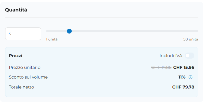 Screenshot della sezione «Quantità», che consente di selezionare il numero di copie desiderate, incluso il prezzo unitario e il prezzo netto totale.