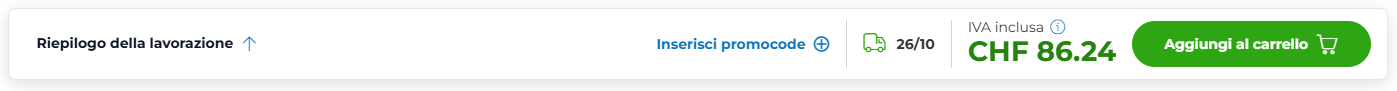 Screenshot della barra inferiore con un riepilogo del prodotto, la data di consegna stimata, l’importo totale e un pulsante per aggiungere il prodotto al carrello.