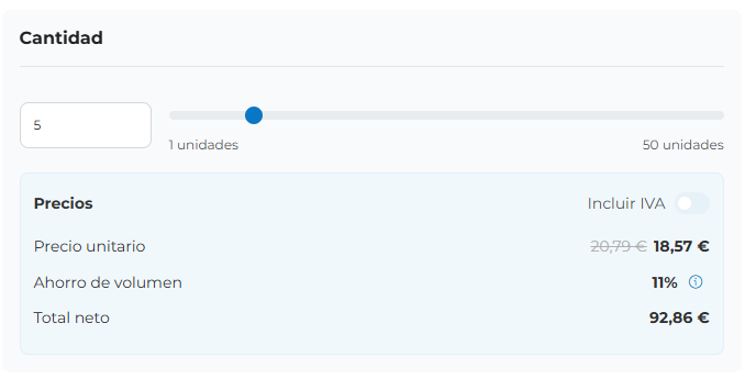 Captura de pantalla de la sección «Cantidad», que permite seleccionar el número de copias deseadas, incluido el precio unitario y el precio neto total.