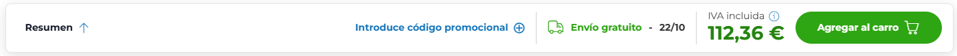 Captura de pantalla de la barra inferior con un resumen del producto, la fecha de entrega estimada, el importe total y un botón para añadir el producto al carrito.