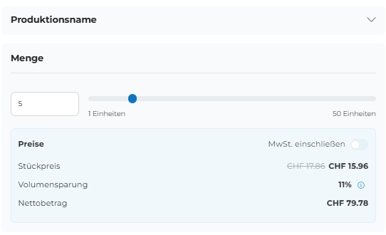 Screenshot des Bereichs „Menge“, in dem die gewünschte Anzahl an Exemplaren ausgewählt werden kann, einschließlich des Stückpreises und des Nettogesamtpreises.