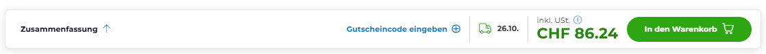 Screenshot der unteren Leiste mit einer Zusammenfassung des Produkts, dem voraussichtlichen Lieferdatum, dem Gesamtbetrag und einer Schaltfläche zum Hinzufügen des Produkts zum Warenkorb.
