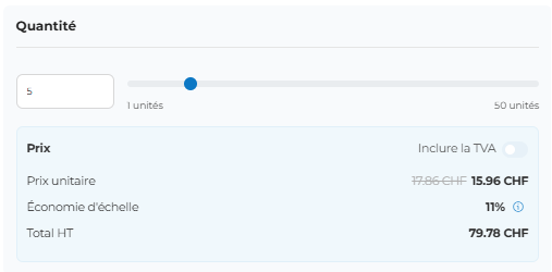 Capture d’écran de la section « Quantité », qui permet de sélectionner le nombre d’exemplaires souhaités, y compris le prix unitaire et le prix net total. 