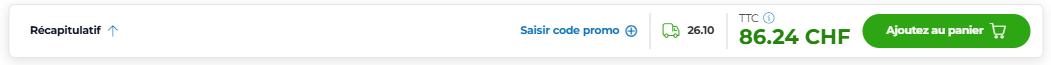 Capture d’écran de la barre inférieure avec un résumé du produit, la date de livraison estimée, le montant total et un bouton permettant d’ajouter le produit au panier.