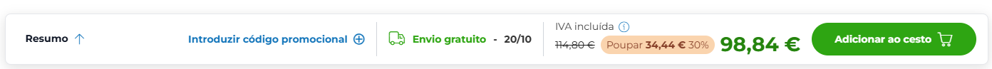 Captura de ecrã da barra inferior com um resumo do produto, a data de entrega estimada, o valor total e um botão para adicionar o produto ao carrinho.