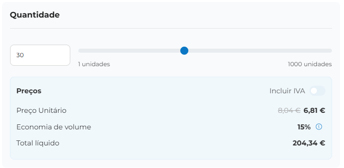 Captura de ecrã da secção «Quantidade», que permite selecionar o número de cópias pretendidas, incluindo o preço unitário e o preço líquido total.