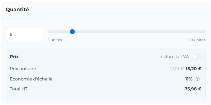 Capture d’écran de la section « Quantité », qui permet de sélectionner le nombre d’exemplaires souhaités, y compris le prix unitaire et le prix net total. 